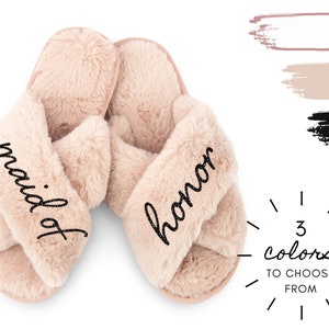 Maid of Honor Fuzzy Slide Slippers - Bridal Party Fuzzy Slippers - Bachelorette Slippers - Wedding Party Favor - Chic Maid of Honor Proposal