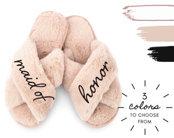 Maid of Honor Fuzzy Slide Slippers - Bridal Party Fuzzy Slippers - Bachelorette Slippers - Wedding Party Favor - Chic Maid of Honor Proposal
