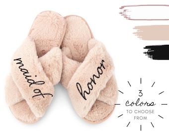 Maid of Honor Fuzzy Slide Slippers - Bridal Party Fuzzy Slippers - Bachelorette Slippers - Wedding Party Favor - Chic Maid of Honor Proposal