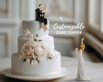 Benutzerdefinierte Hochzeitstorte Topper - Angeln Bräutigam - Süchtige Braut - Eingehängt Liebe - Porzellan Hochzeitstorte - Angeln Hochzeitstorte Topper