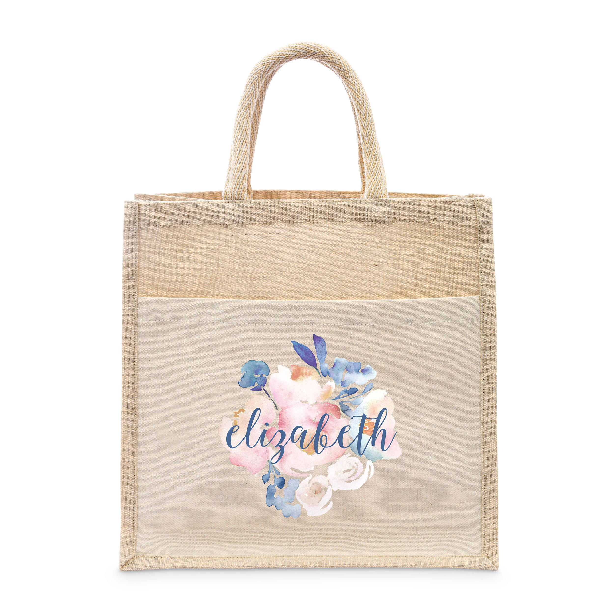 Personalized Jute Tote Bag With Pocket - Personalized Floral