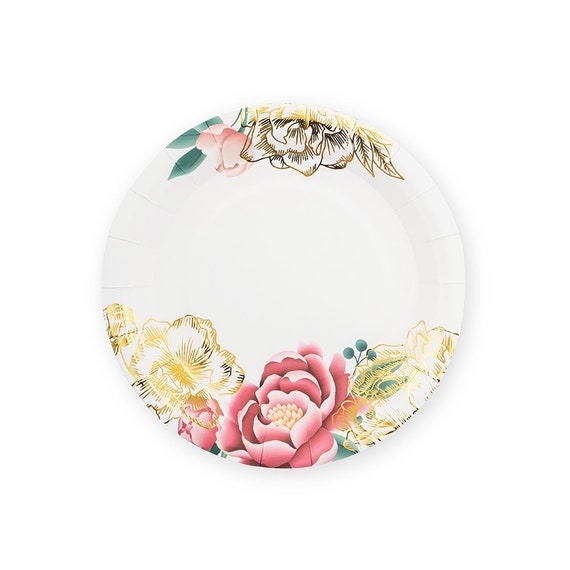 Pink and Gold Floral Disposable Party Plates Set of 8 Pink Floral
