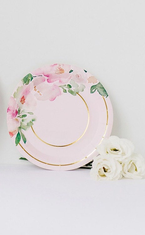 16 Blue Pink Gold Floral Paper Plates for Baby Shower Bridal Shower MW35854