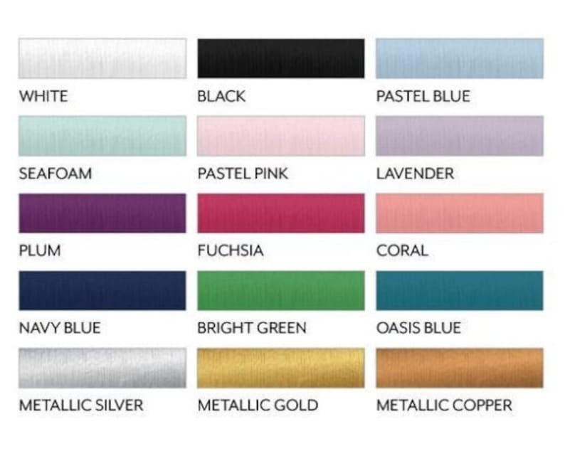 Pode incluir: Uma carta de cores que mostra 15 cores de fio diferentes, incluindo branco, preto, azul pastel, verde &aacute;gua, rosa pastel, lavanda, ameixa, f&uacute;csia, coral, azul marinho, verde brilhante, azul o&aacute;sis, prata met&aacute;lica, ouro met&aacute;lico e cobre met&aacute;lico.