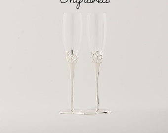 Personalized Wedding Toasting Flutes - Silver Wedding Champagne Flutes - Custom Wedding Glasses - Love Stem Wedding Flutes - Champagne Flute