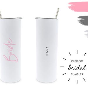 Pink Bride Personalized 22oz Skinny Tumbler With Straw - Sublimation Print - Bridal Shower Gift - Bachelorette Glass - Wedding Planning Cup