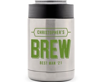 Porta latas con diseño BREW personalizado - Funda de acero inoxidable con aislamiento para latas - Camping - Despedidas de soltero - Padrino de boda - Su Navidad - Regalo para el novio