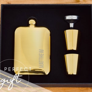 Custom Vertical Name Gold Stainless Steel Flask - Retro Look Flask - Personalized Gift - Personalized Flask - Custom Flask - Flask Gift Set