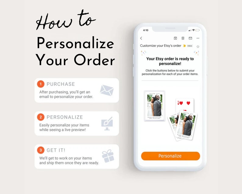 How to Personalize Your Order - 1.Purchase - 2.Personalize - 3.Get It!