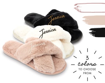 Personalized Fuzzy Cross Band Slippers - Custom Name House Slippers - Cozy Cross Band Slippers - Personalized Name Cross Band Slippers