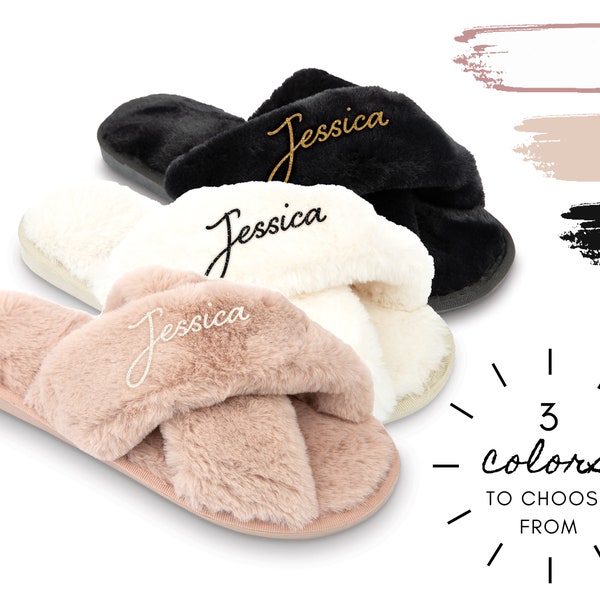 Personalized Fuzzy Cross Band Slippers - Custom Name House Slippers - Cozy Cross Band Slippers - Personalized Name Cross Band Slippers