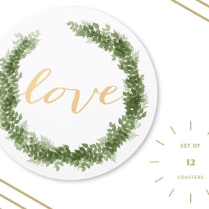 Lot de 12 sous-verres imprimés amour - conception de couronne botanique amour - sous-verres en papier - fête de fiançailles - EVJF - Shower nuptiale - mariage