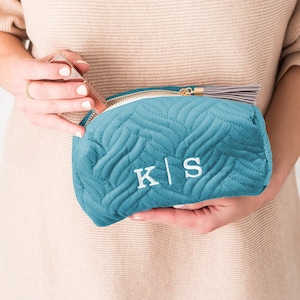 Bridesmaid Gift - Personalized Quilted Velvet Cosmetics Bag - Oasis Blue - Bridal Party - Maid of Honor - Mother of the Bride - Makeup Bag