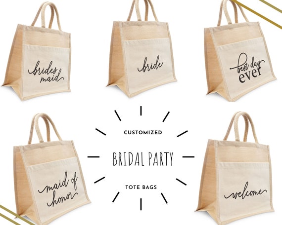 6 WEDDING TOTE Bag personalized  BRIDESMAID 2 lines BRIDAL SHOWER PARTY  GIFT 