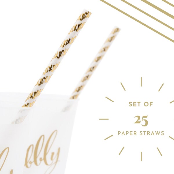 Set of 25 Paper Straws - Gold Foil XOXO Print - Biodegradable Straws - Paper Party Straws - Bridal Shower - Bachelorette - Wedding Bar DIY