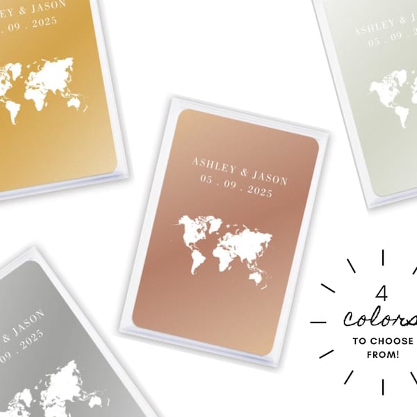 Metallic Wedding Playing Cards - Custom Wedding Favor - Wanderlust World Map Playing Cards - Unique Wedding Favor - Custom Playing Cards