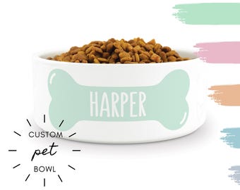 Custom Name Dog Bowl with Bone Design - Personalized Dog Dish - Dog Bowl - Puppy Gift - Personalized Ceramic Dog Food Bowl in 8 Print Colors