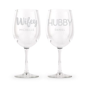 Wifey and Hubby Custom Wine Glasses - Engraved Wine Glass Set for the Couple - Anniversary Gift - Bridal Shower Gift - Unique Wedding Gift