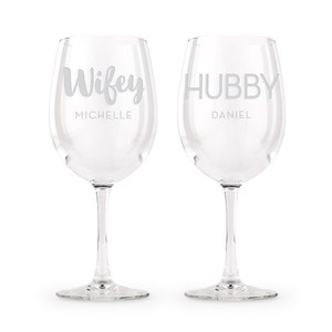 Wifey and Hubby Custom Wine Glasses - Engraved Wine Glass Set for the Couple - Anniversary Gift - Bridal Shower Gift - Unique Wedding Gift