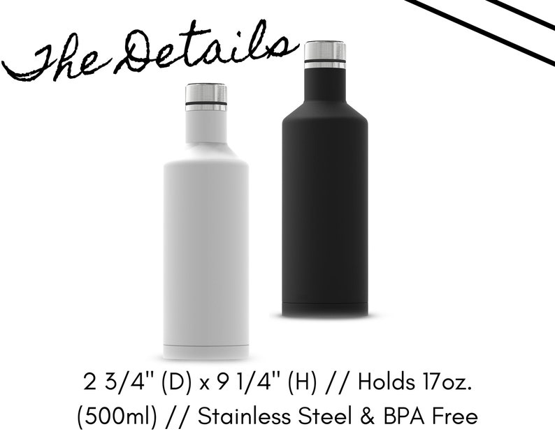 Puede incluir: Dos botellas de agua de acero inoxidable, una negra y una blanca. Ambas botellas tienen un di&aacute;metro de 7 cm y una altura de 23,5 cm. Tienen una capacidad de 500 ml y son libres de BPA.
