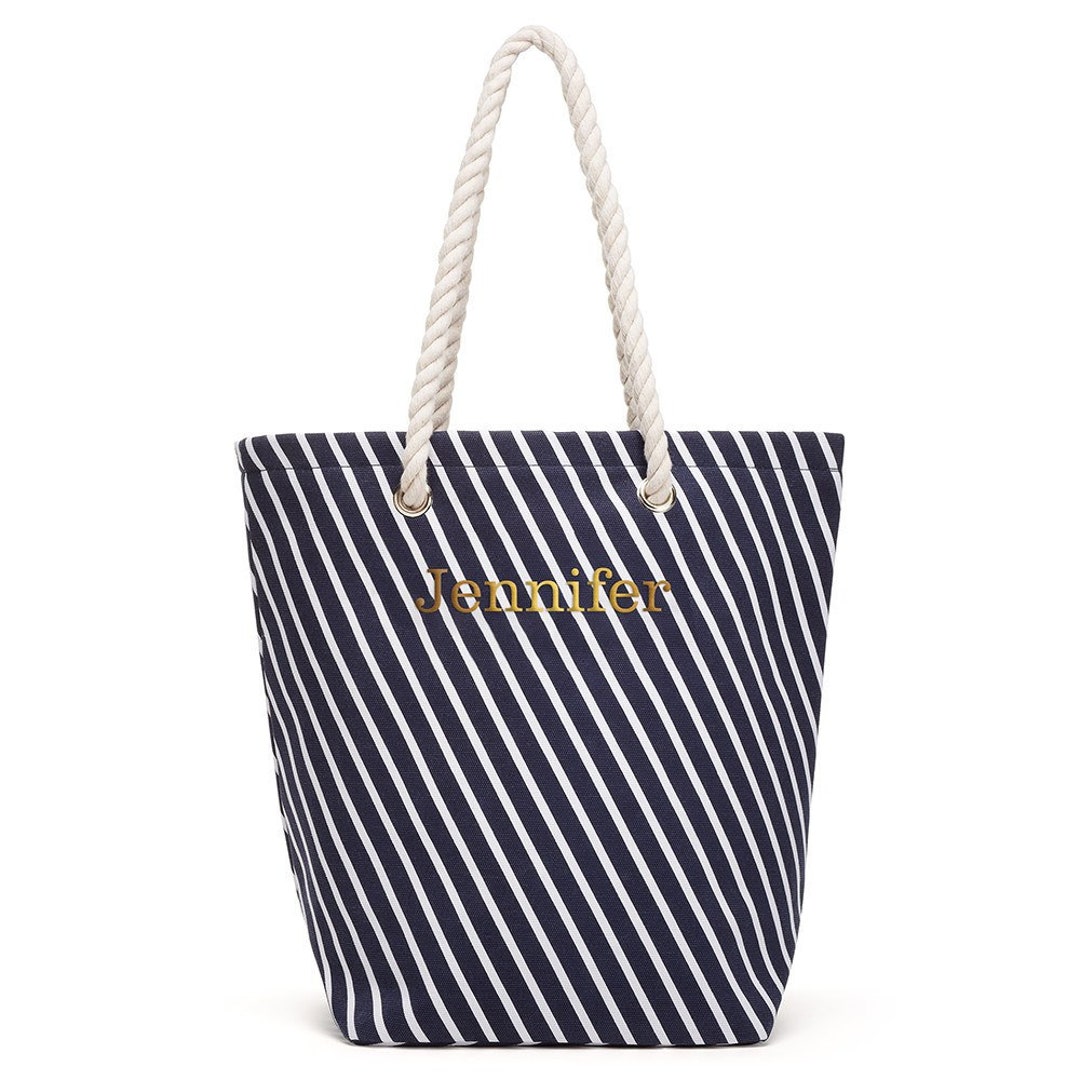 Customized Tote Bag Rope Handle Tote Navy Striped Beach Bag