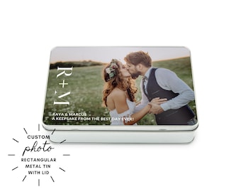 Boîte de rangement personnalisée avec monogramme photo - Boîte cadeau rectangulaire en métal avec couvercle - Boîte souvenir de mariage - Boîte cadeau des fêtes - Boîte cadeau de mariage