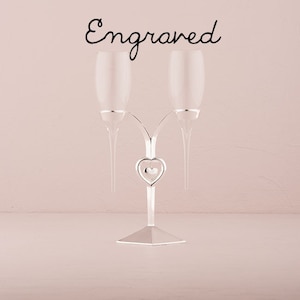 Engraved Wedding Toasting Flutes - Personalized - Glass Flutes With Silver Stand Wedding Champagne Glasses - Custom Wedding Glasses