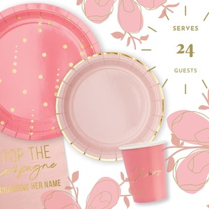 Set da tavola monouso per feste da sposa da 96 pezzi - Piatti di carta rosa e oro - Festa nuziale - Per 24 persone - Piatti di carta fantasia