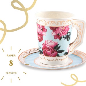 8 pièces gobelets jetables bleu ciel et rose doré - tasses à thé en papier avec sous-bocks - anniversaire - shower de bébé - tea party - baby shower dans le jardin