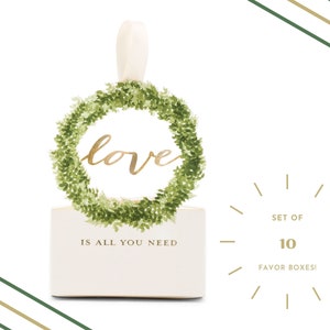 10 Piece Set of Love Wreath Figural Favor Boxes - Paper Favor Boxes - Wedding Favor Boxes - Botanical Wedding - Green and Gold Wedding Favor