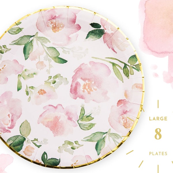 8 pièces assiettes jetables florales roses et or - assiettes en papier à fleurs roses - fête d'anniversaire - shower de bébé - tea party - garden-party