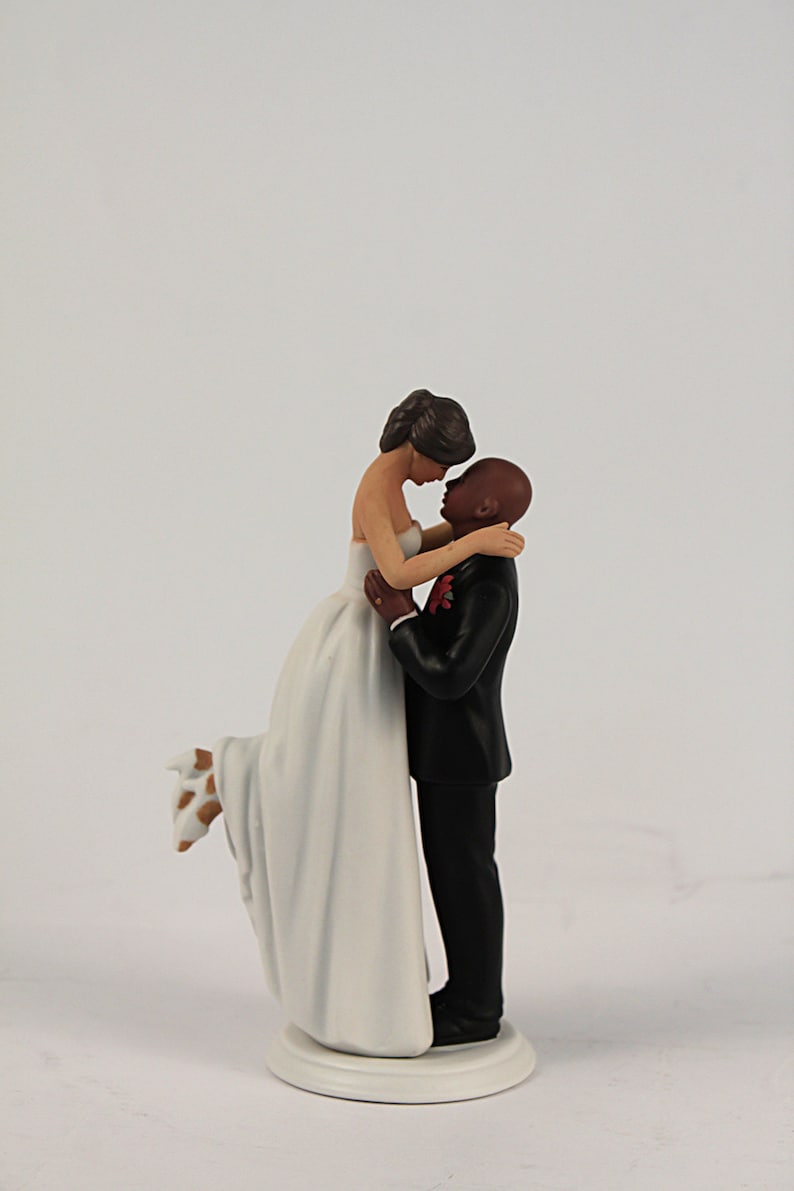 Unique Bride and Groom Wedding Cake Topper - Dark Skin Tone Bald Groom ...