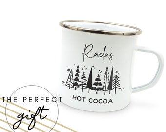 Custom Name Mug with Winter Pine Tree Print - Enamelware Coffee Mug - Her Christmas Gift - Personalized Stocking Stuffer - Hot Chocolate Mug