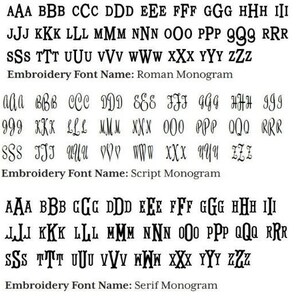 May include: A chart showing different font styles for embroidery. The font styles are Roman Monogram, Script Monogram, and Serif Monogram. Each font style shows the alphabet in uppercase and lowercase.
