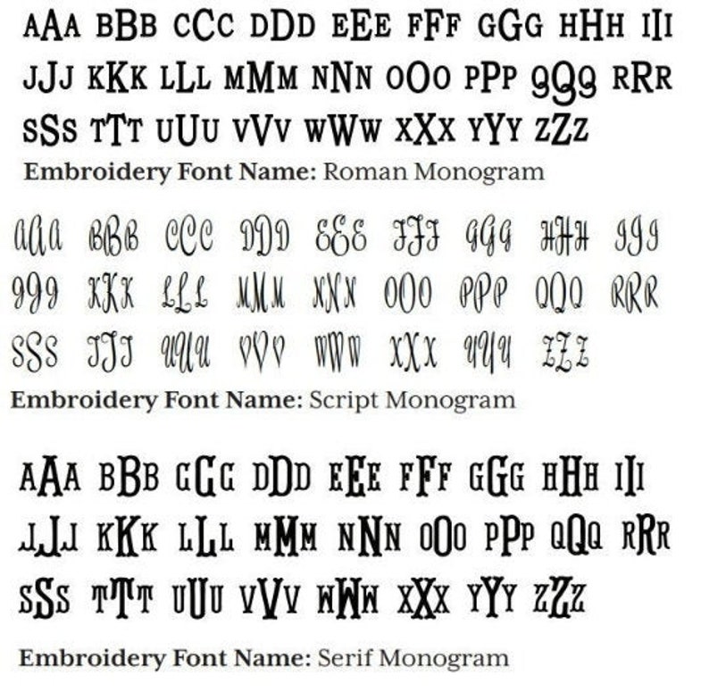 May include: A chart showing different font styles for embroidery. The font styles are Roman Monogram, Script Monogram, and Serif Monogram. Each font style shows the alphabet in uppercase and lowercase.