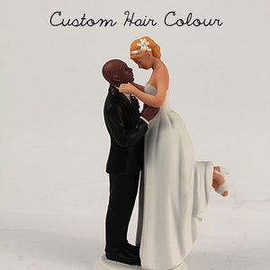 Personalized Wedding Cake Topper - Mixed Race Bride and Groom Wedding Cake Topper - Dark Skin Tone Bald Groom and Light Skin Tone Bride