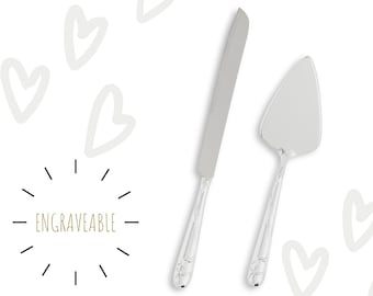Engraved Wedding Cake Knife and Server - Silver Plated Cake Serving Set With Raised Loop Heart - Personalized - Custom - Heart - Hearts