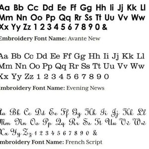 May include: A comparison of three different embroidery fonts: Avante New, Evening News, and French Script. Each font displays the alphabet in uppercase and lowercase, numbers 1-9 and 0, and the ampersand symbol.