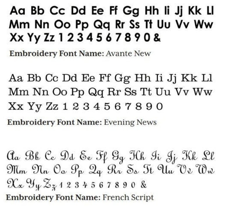 May include: A comparison of three different embroidery fonts: Avante New, Evening News, and French Script. Each font displays the alphabet in uppercase and lowercase, numbers 1-9 and 0, and the ampersand symbol.