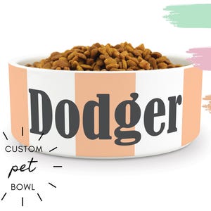 Striped Pet Food Bowl with Custom Name - Personalized Dog Dish - Custom Name Pet Bowl - Cat Dish - Ceramic Pet Food Bowl in 8 Print Colors