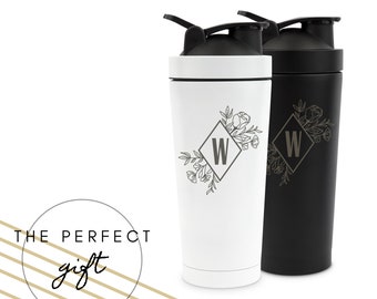 Shaker personalizzato con iniziale floreale - Shaker per proteine personalizzato - Shaker per proteine in acciaio inossidabile - Frullatore - Borraccia per allenamento