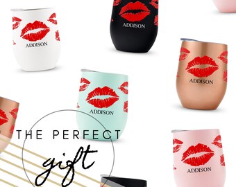 Personalized Kiss Print Drink Tumbler - Insulated Stainless Steel Cup - Wine Tumbler - Custom Gifts for Her - Her Birthday - Girlfriend Gift