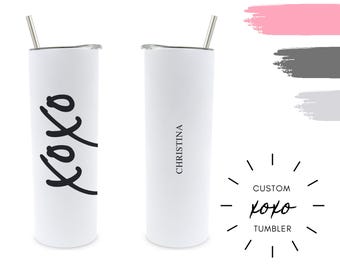 XOXO Print with Custom Name Tumbler With Straw - Personalized Skinny Tumbler - Sublimation Tumbler - Gift for Bride - Bridesmaid Proposal