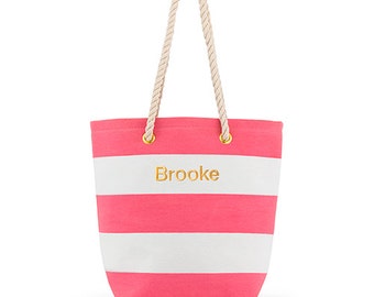 Custom Beach Tote Bag - Cabana Tote - Personalized Tote Bag - Large Pink and White Striped Tote Bag - Destination Wedding - Beach - Pool