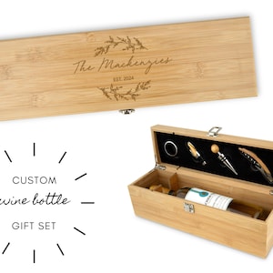 Graviertes Wein Geschenk-Set - Einzigartiges Hochzeitsgeschenk - Geschenk für das Paar - Liebeskranz Weinkiste und Werkzeugset - Weinkiste aus Holz mit Zubehörset