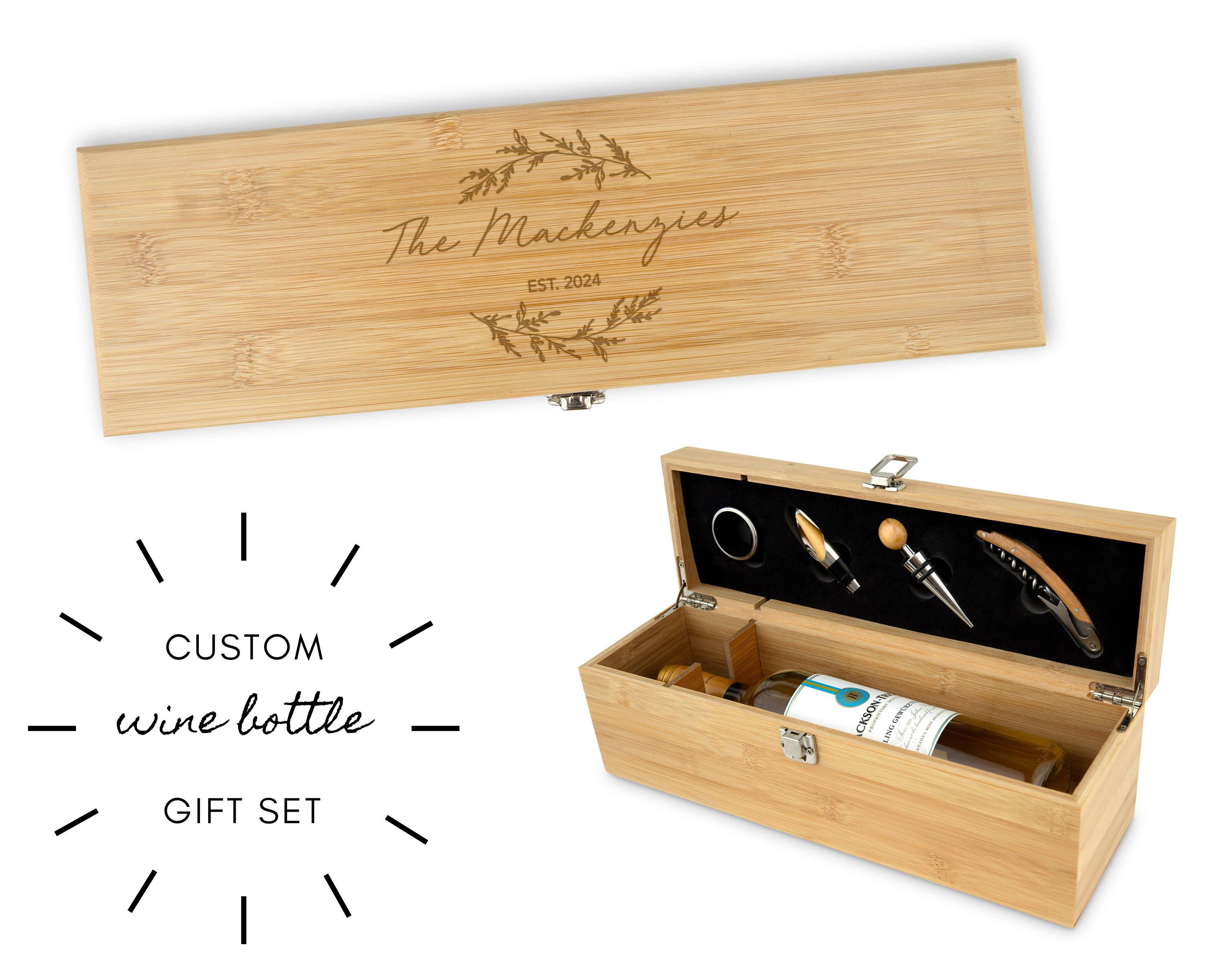 Engraved Wine Gift Set - Unique Wedding Gift - Gift for the Couple - Love Wreath Wine Box and Tool Set - Wooden Wine Box with Accessory Set