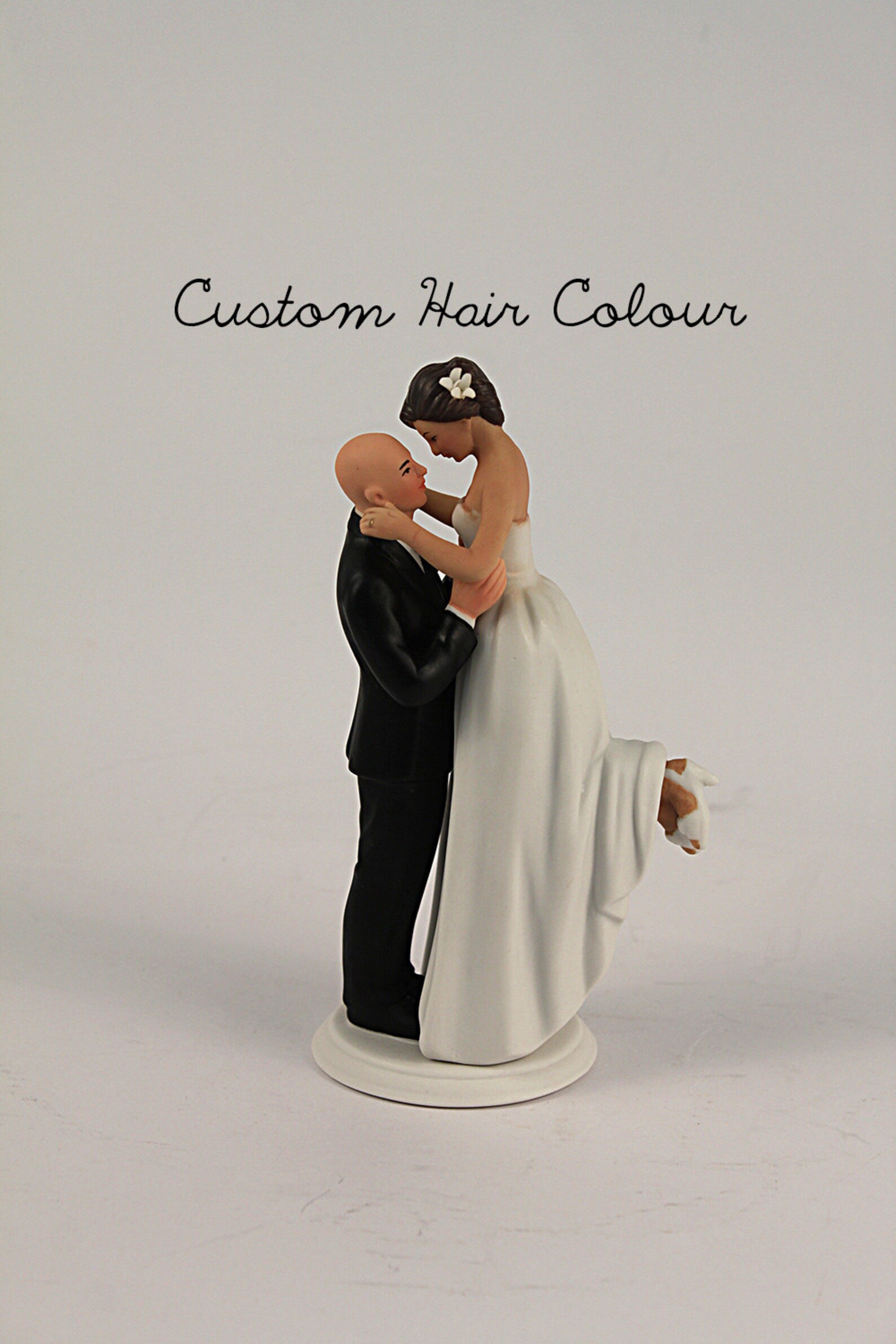 Mixed Race Bride and Groom Wedding Cake Topper - Light Skin Tone Bald ...