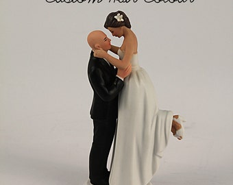 Mixed Race Bride and Groom Wedding Cake Topper - Light Skin Tone Bald Groom and Hispanic Bride - Interlocking Wedding Cake Toppers - Romance