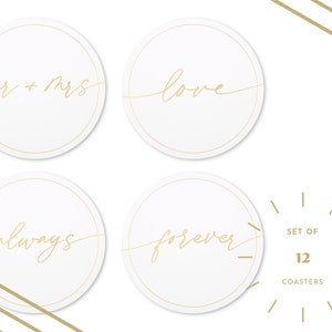 Set of 12 Gold and White Party Coasters - 4 Designs - Mr and Mrs - Paper Coasters - Engagement Party - Bachelorette - Wedding Reception