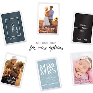 May include: A collection of personalized cards with various designs. One card features initials and a date, another a couple embracing, and others with photos and text. The cards are white-bordered and include the text "SEE OUR SHOP for more options."